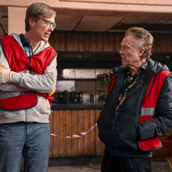 Stephen Merchant and Christopher Walken talk in a scene from The Outlaws.