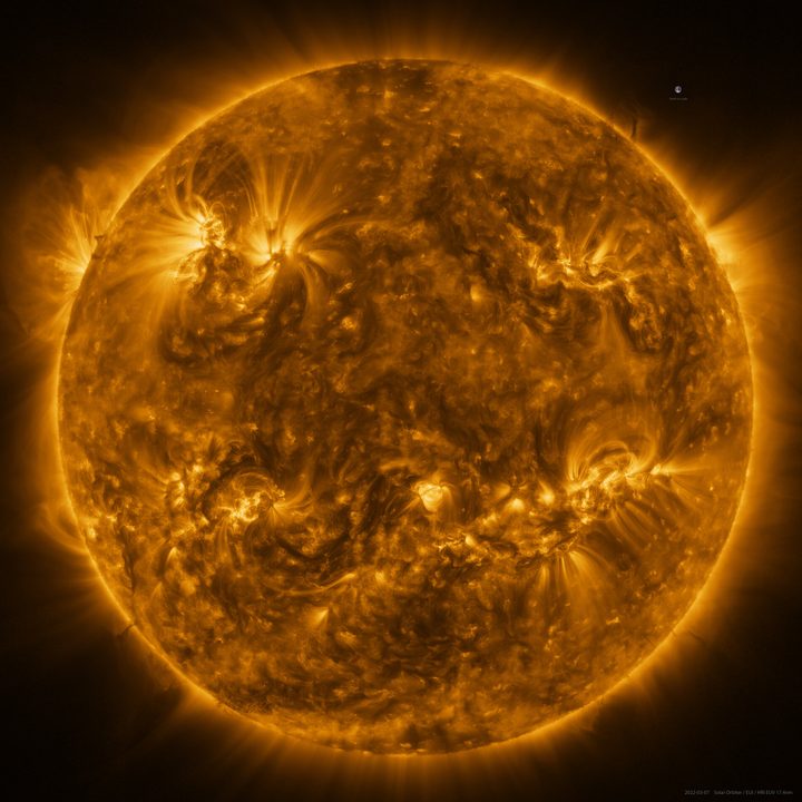 The Sun as seen by Solar Orbiter in extreme ultraviolet light from a distance of roughly 75 million kilometers.