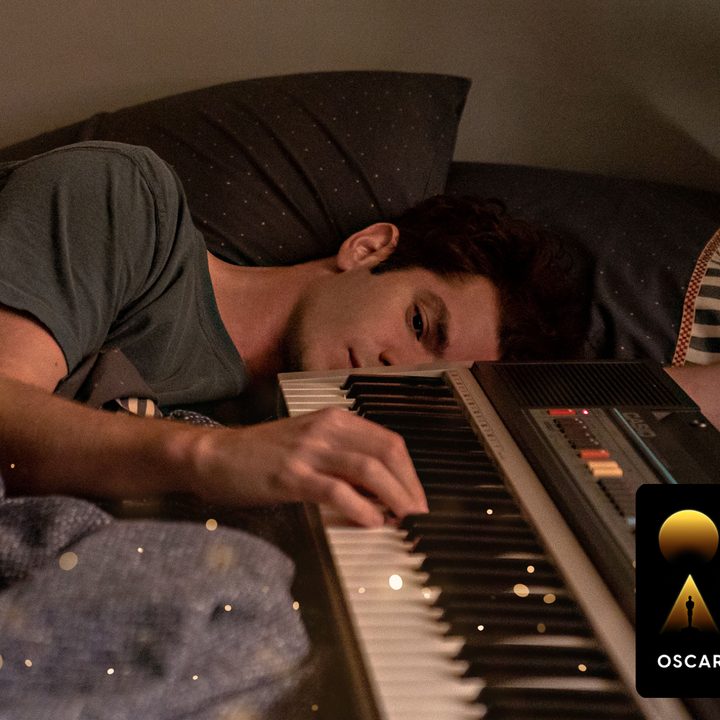 A still of Andrew Garfield in 'Tick, Tick... Boom!' with an Oscars Week 2022 badge in the corner.
