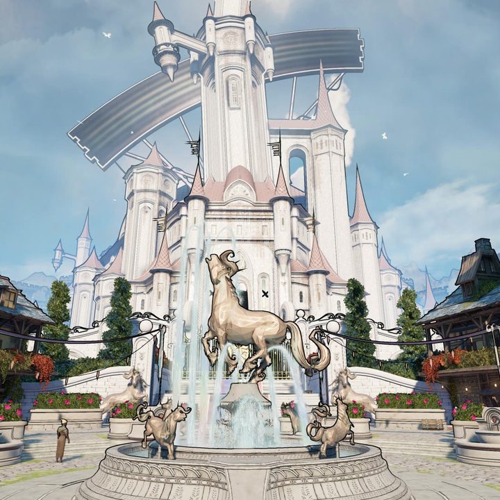 Queen Butt Stallion's fountain sits in front of Brighthoof castle.