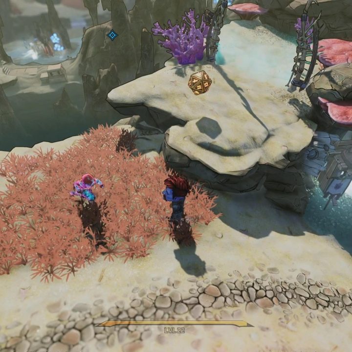 A player watches as an NPC approaches in the tall grass.