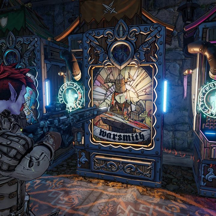 A player walking up to a vending machine in Tiny Tina's Wonderlands.