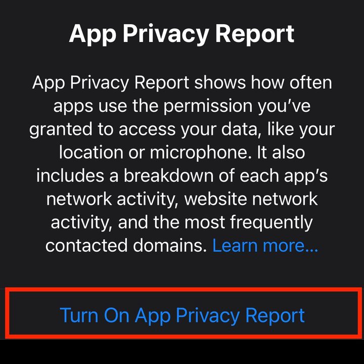 iOS App privacy report pane.