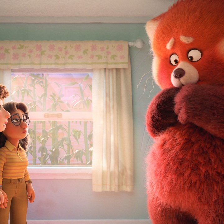Panda Mei looks at her friends in a scene from Turning Red.