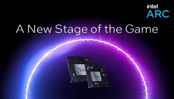Intel Arc official banner showing two of the chips against a purple and blue background and an arc of light.
