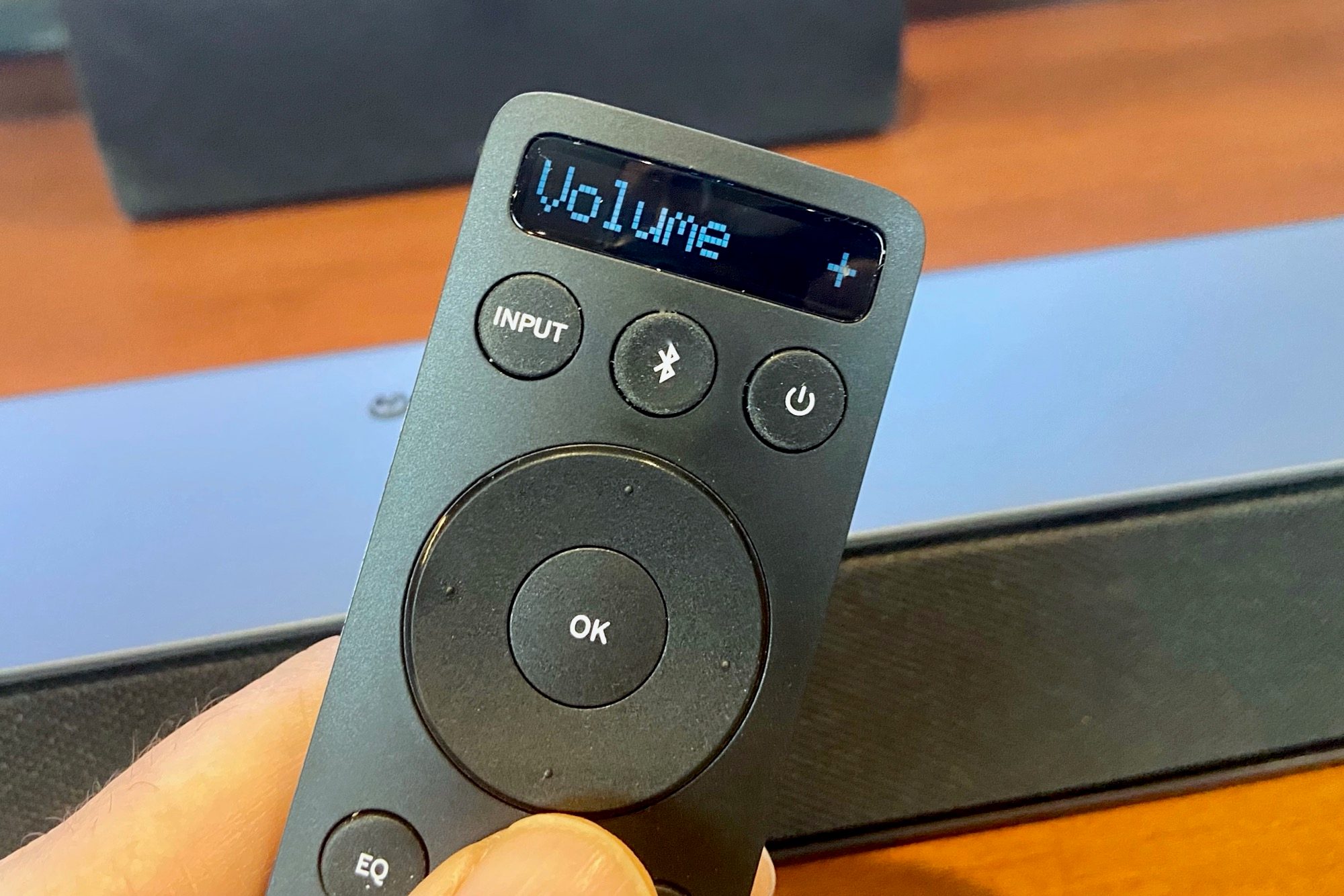 The Vizio M-Series 2.1 soundbar remote has a backlit LCD screen.