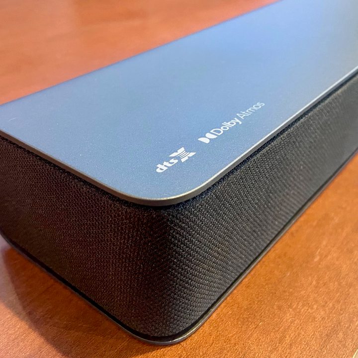 A top view of the Vizio M-Series 2.1 soundbar sitting on a table.