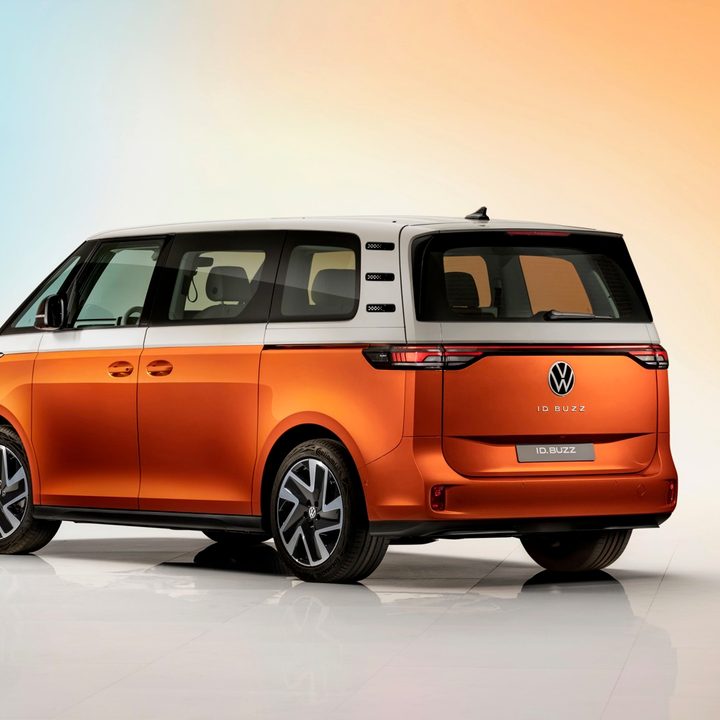 Rear three quarter view of the Volkswagen ID. Buzz electric van.