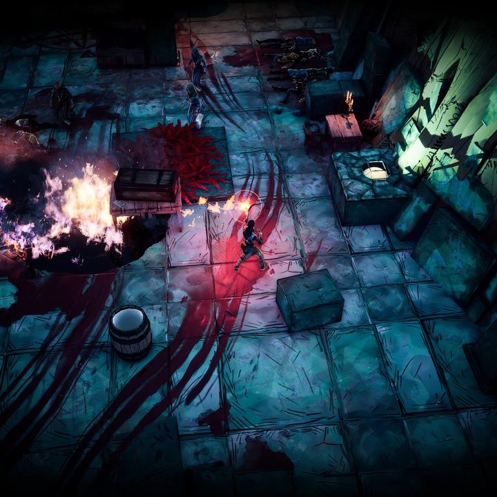 Characters fight in an underground temple in Weird West.