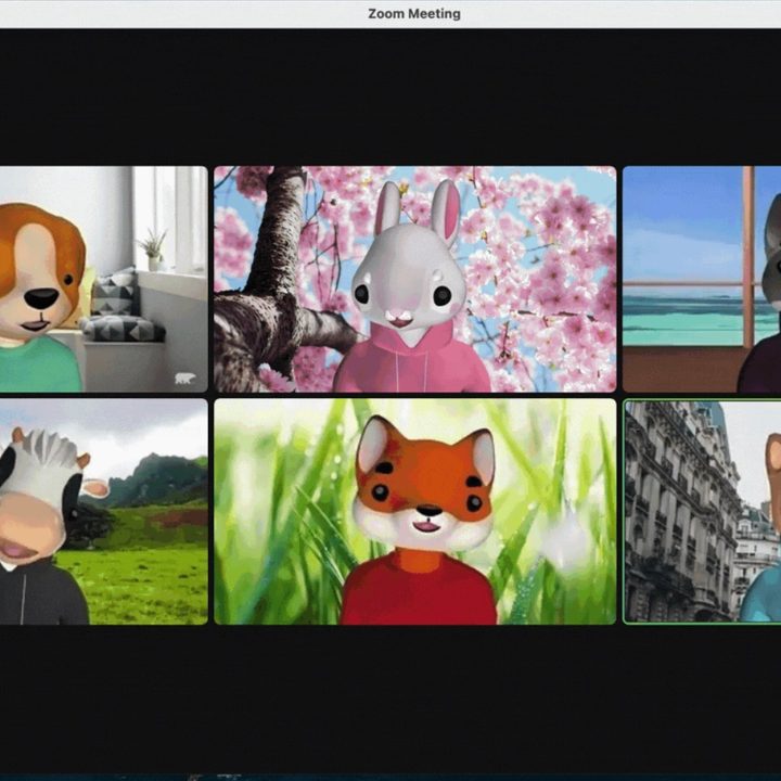 A screenshot shows some of Zoom's new animal avatars on a conference call.