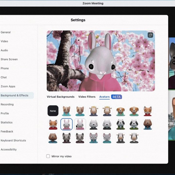 A screenshot shows a selection of Zoom's new animal avatars.