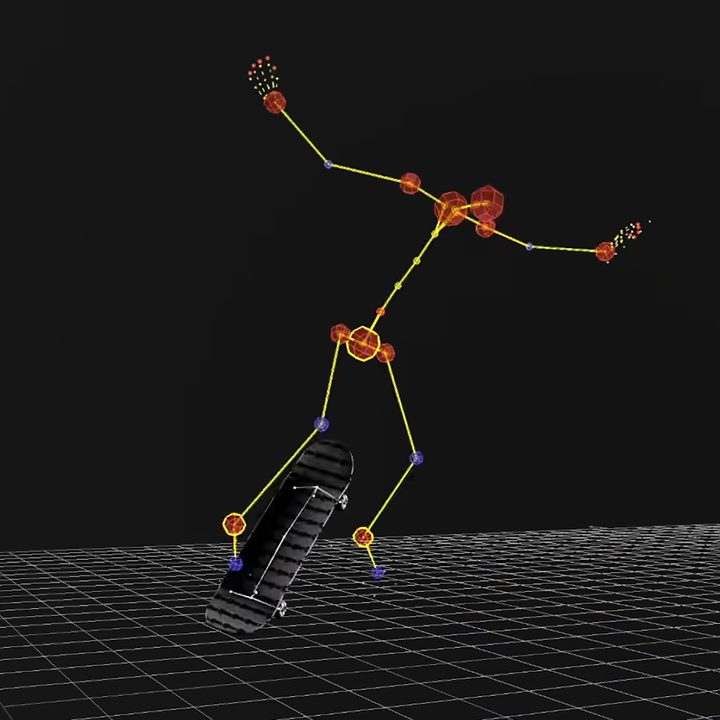 A wireframe doing a skateboard trick.