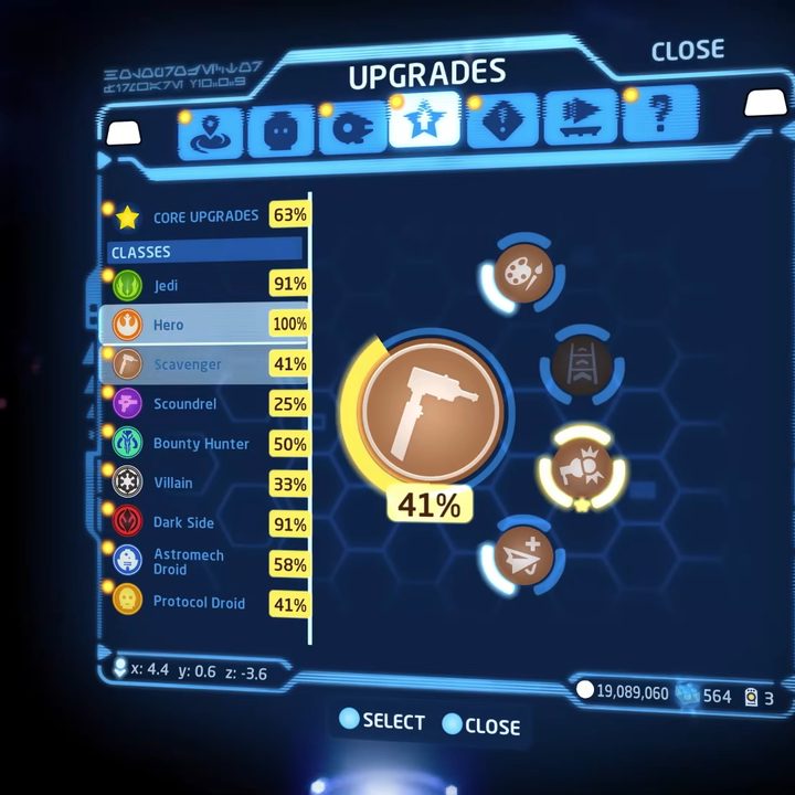 The upgrade screen in Lego star wars.