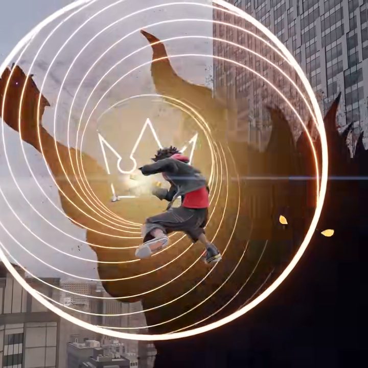 Sora battles a giant heartless in a modern-looking city in the trailer for Kingdom Hearts 4.