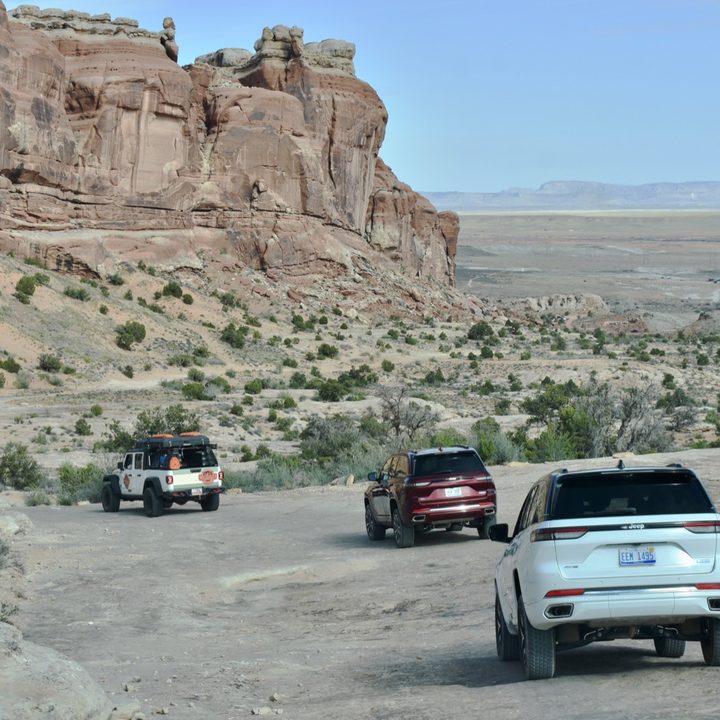 A group of Jeeps off-roading in Moab, Utah.