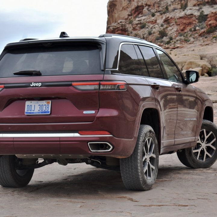 Rear three quarter view of the 2022 Jeep Grand Cherokee 4xe plug-in hybrid.