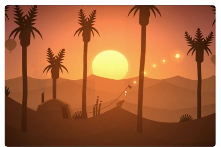 A sunset scene from Alto's Odyssey on iPad Pro.