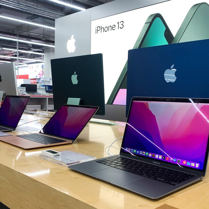 Apple products are seen in the store.