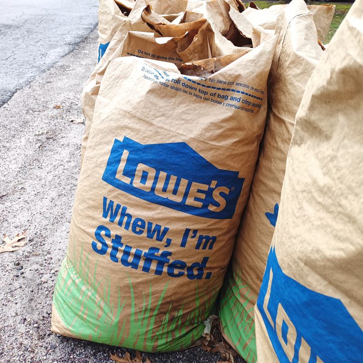 Leaf collection bags sitting on the sit of the road with a car in the background