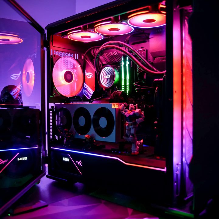 a PC case with RGB lighting inside.