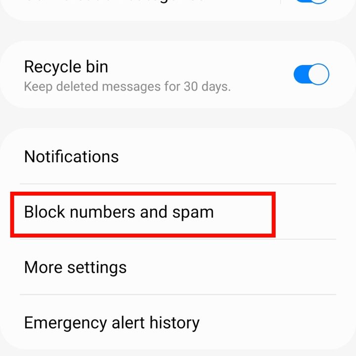 Block Numbers and apps in the Messages settings menu on Samsung.
