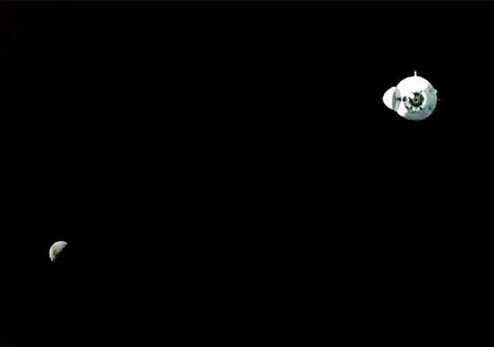 The Moon is pictured (bottom left) as the SpaceX Dragon Endeavour approaches the station with four Axiom Mission 1 astronauts.