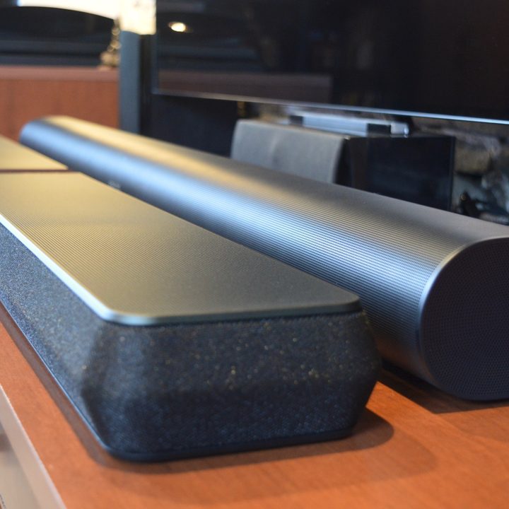 Wide shot of the Bowers & Wilkins Panorama 3 seen next to the Sonos Arc.