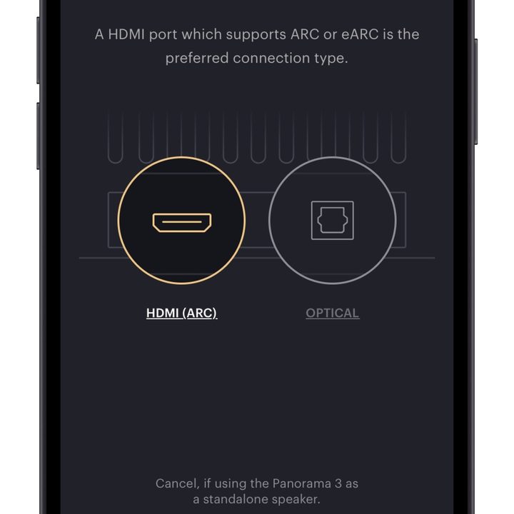 Screenshot of the Bowers & Wilkins Music app for iOS port selection.