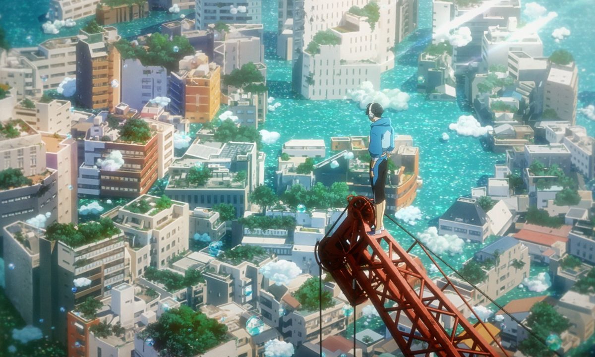 Perched on top of a tall crane, Hibiki looks out over Tokyo in a scene from Bubble.