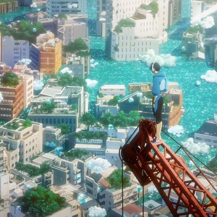 Perched on top of a tall crane, Hibiki looks out over Tokyo in a scene from Bubble.