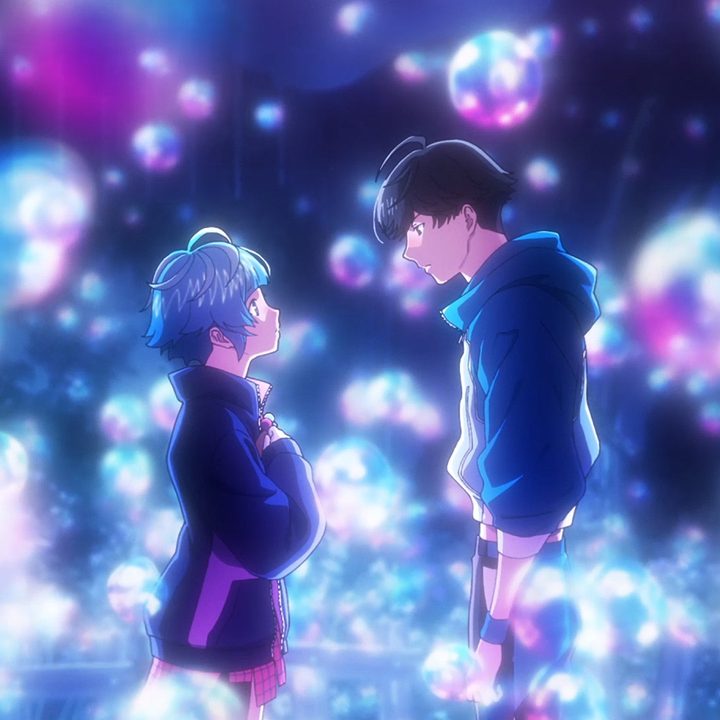 Uta and Hibiki stare at each other amid a cloud of bubbles in a scene from the film Bubble.