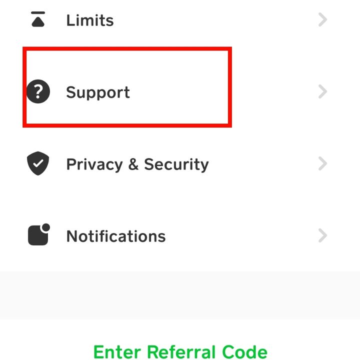 Cash App support menu.