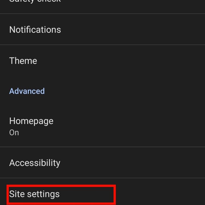Google Chrome Site settings menu.