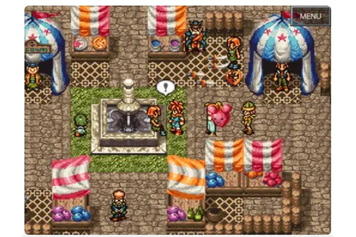 Characters in a colorful town square in Chrono Trigger on iOS.