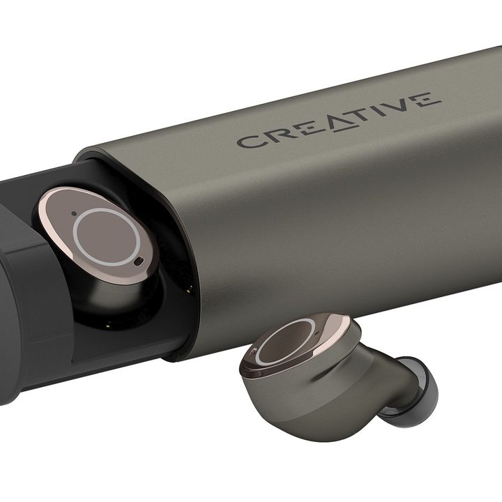 Creative Outlier Pro ANC earbuds seen with charging case.