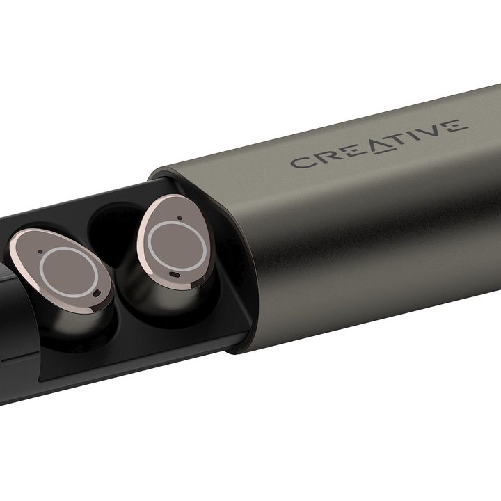 Creative Outlier Pro ANC earbuds seen inside charging case.