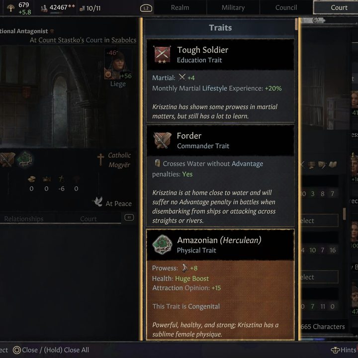 A character with the Amazonian trait in Crusader Kings III.