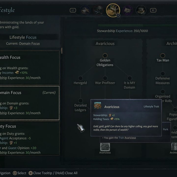 A character with the Avaricious trait in Crusader Kings III.