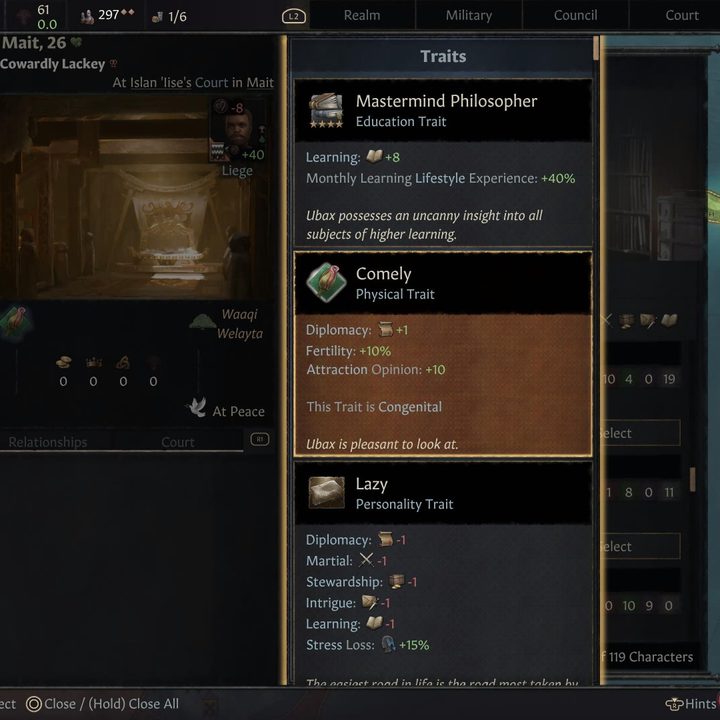 The Comely trait in Crusader Kings III.