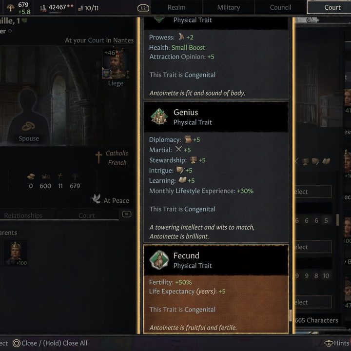 A character with the Fecund trait in Crusader Kings III.