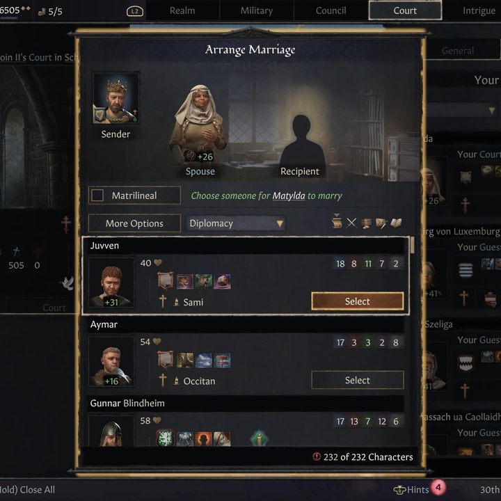 A player goes looking for spouses with good traits in Crusader Kings III.