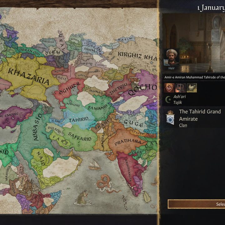 The character selection screen in Crusader Kings III.