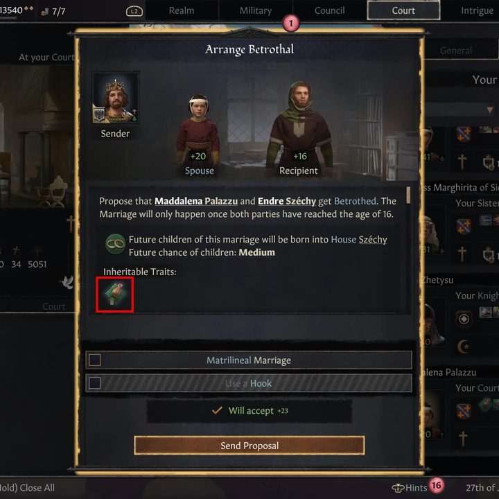 Two characters with the same level trait in Crusader Kings III.