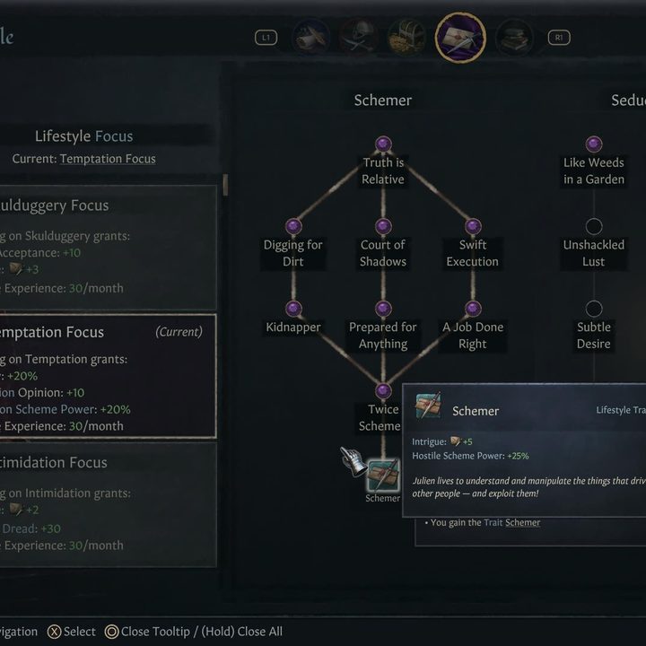A character with the Schemer trait in Crusader Kings III.