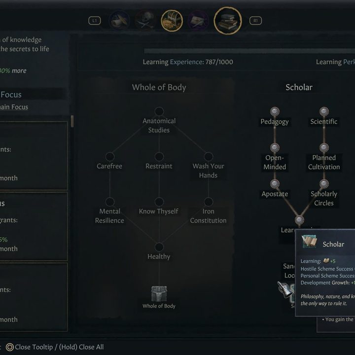 A character with the Scholar trait in Crusader Kings III.