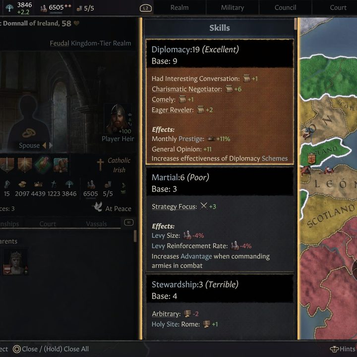 A players skills explained in Crusader Kings III.