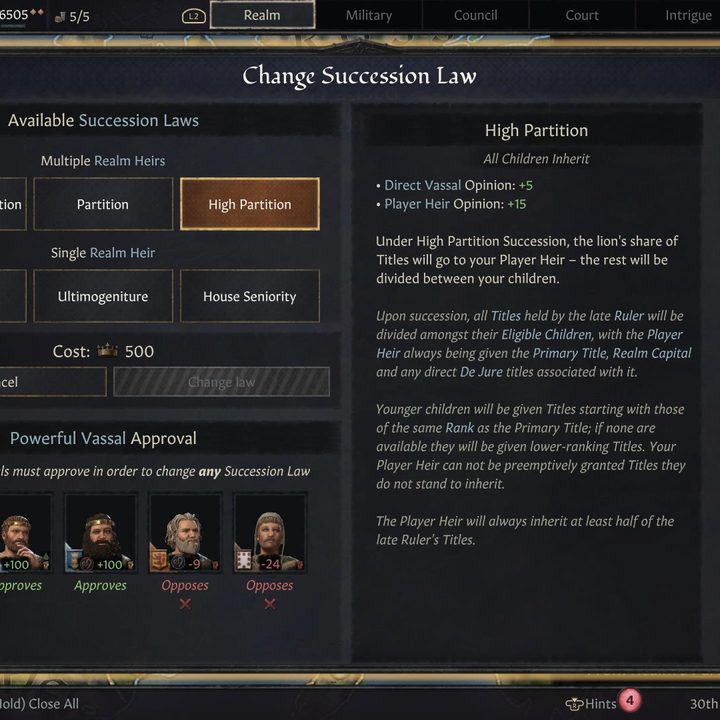 A player tries to change their succession laws in Crusader Kings III.