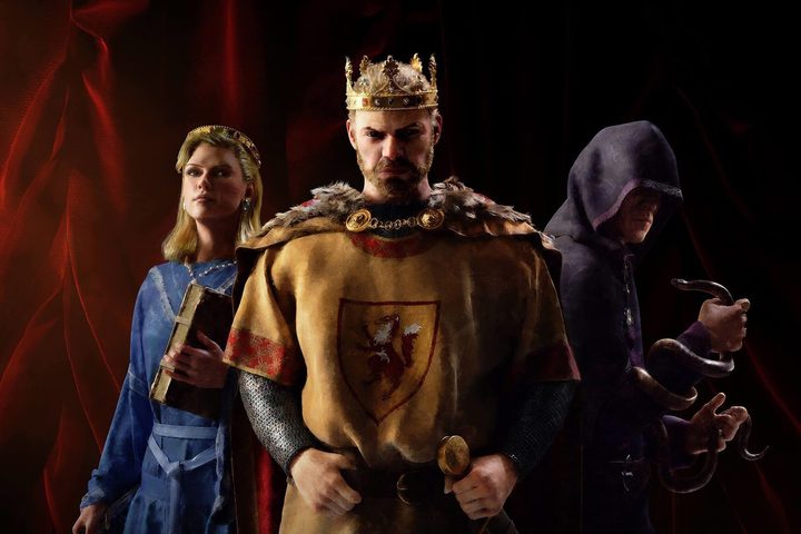 Three nobles stand side-by-side in Crusader Kings III.