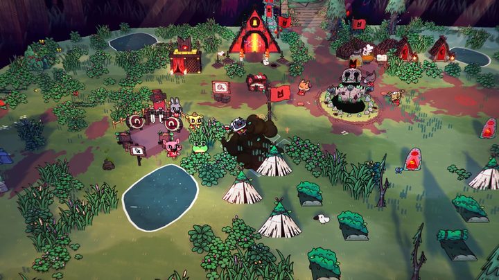 A cult site packed with buildings in Cult of the Lamb.