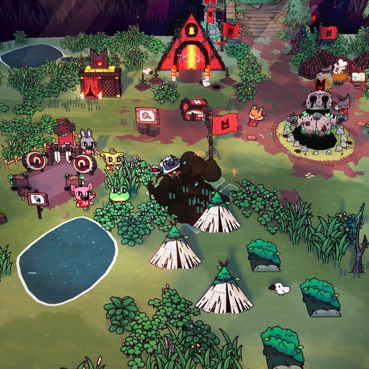 A cult site packed with buildings in Cult of the Lamb.